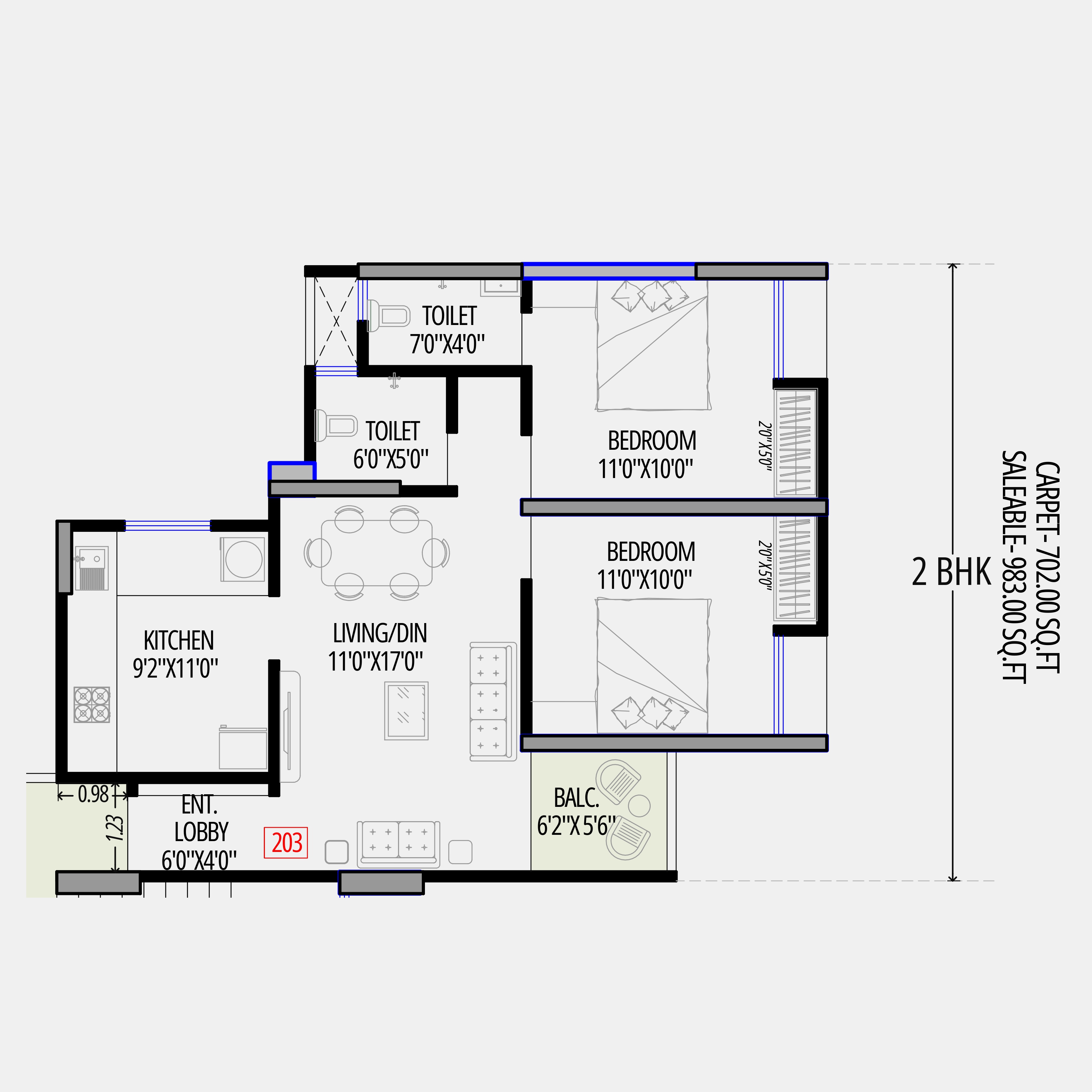 2 BHK Floor Plan Type A