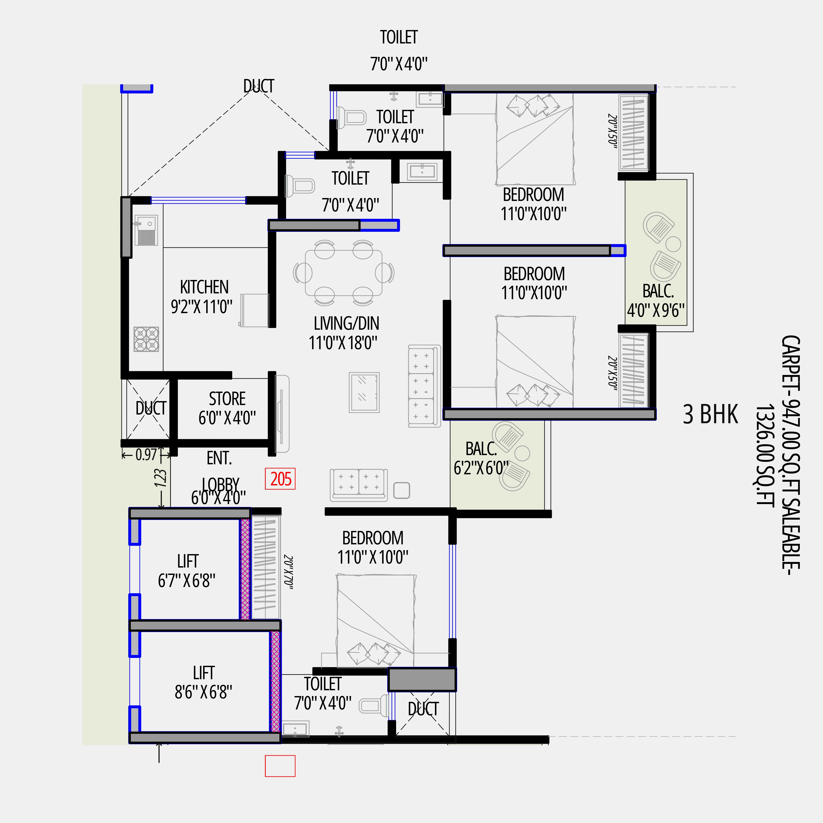 3 BHK Floor Plan Elite
